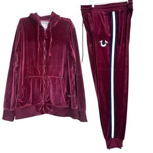 True Religion Velour Track Suit Womens Sz XL Burgundy Zip Up‎ Retro Streetwear